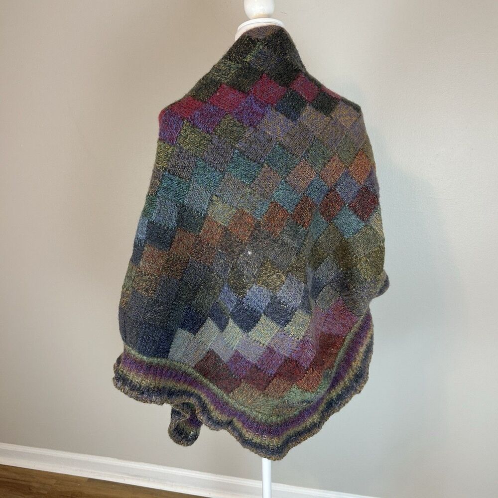 Hand Knit Poncho Shawl Cape Patchwork Rainbow Cottagecore Check Sweater Boho